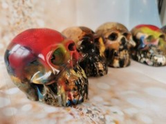 scary skull, plastic cast,molded, multicolour, 3d printed waste melted spooky