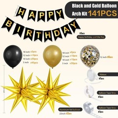 141Pcs Black and Gold Balloon Arch Kit with Happy Birthday Banner for Black a