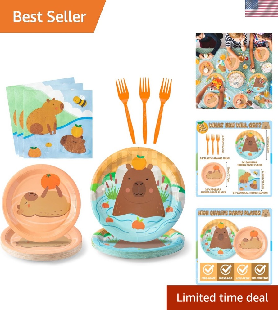 Charming Capybara-Themed Tableware Set for 24 Guests – Perfect for Kids’ Parties