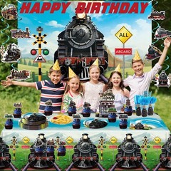 Train Birthday Party Decorations Set – Happy Birthday Backdrop, Plates, Cups, Na