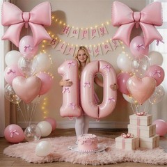 Pink Bow 10th Decorations for Girls, Light Pink White Latex Balloons with Bow…