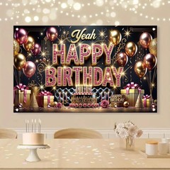 Happy Birthday Backdrop Banner for Women Girls 5.92 ft x 3.58 ft, Gold Pink