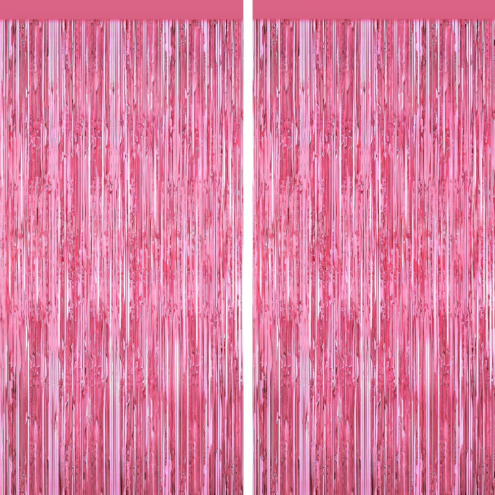 Pink Tinsel Backdrop Foil Fringe Curtains – 2 Packs Door Streamers Backdrop for
