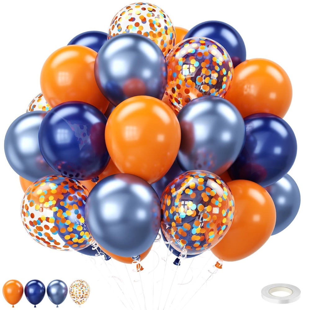 Blue and Orange Balloons,12 Inch Navy orange Balloon with Metallic Blue Confe…