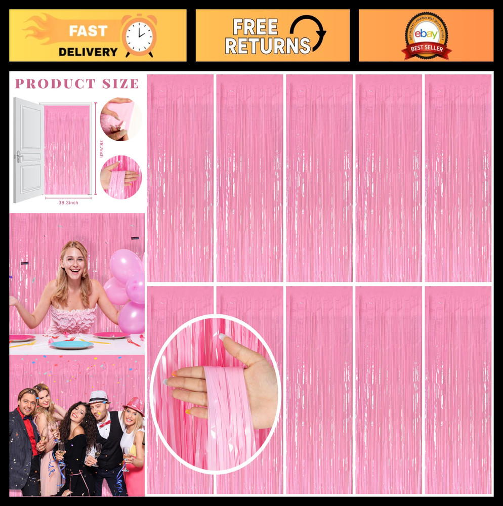 10 Pack Pink Tinsel Curtain Backdrop – Foil Fringe Party Decorations for Birthda