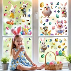 3D Easter Window Clings – 9 Sheets Bright Double-Sided 78Pcs Bunny & Egg Window
