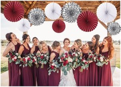 9 PCS Burgundy Crimson White Silver Paper Streamers Flower Fans Backdrop