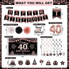 40Th Birthday Decorations for Women, 34PCS Black Rose Gold Birthday Banner Party