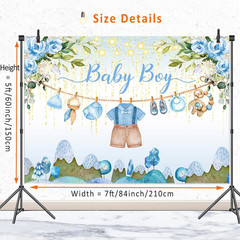 Blue Floral Baby Shower Backdrop Banner Decorations for Boy,Watercolor Flower Oh