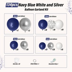Navy Blue and Silver Balloon Garland Arch Kit, Royal Blue Metallic Silver Whi…