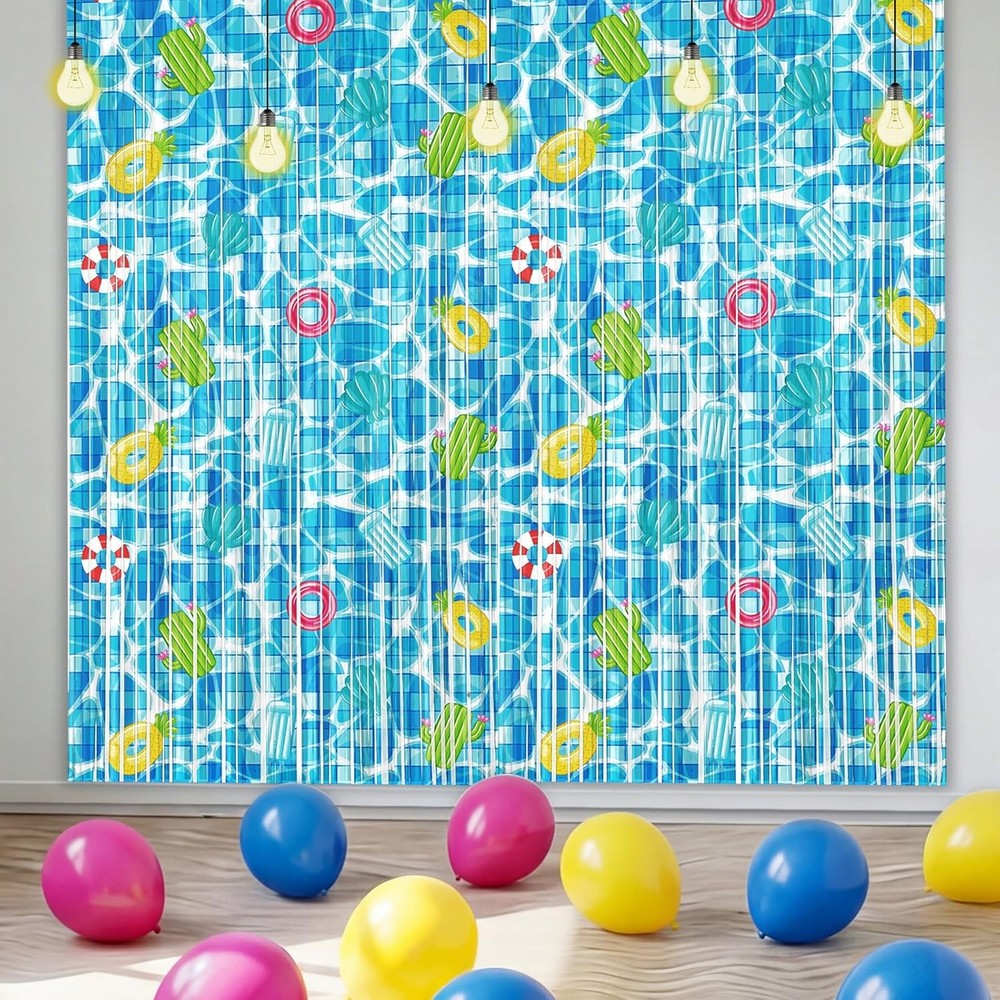 4 Pack Pool Party Backdrop Decoration 3.3×6.6 ft Summer Beach Foil Fringe