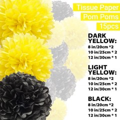 15 Pcs Black and Yellow Tissue Paper Pom Poms Flowers Bee Theme Party Decor
