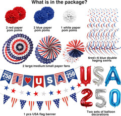 32PCS 4th of July Patriotic Decorations Set,250th Red White Blue Paper Fans D…