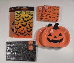 Halloween Party Bundle Paper Plates Napkins Table Cover Treat Bags – Lot of 8