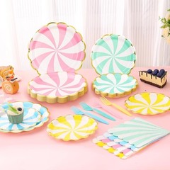 Colorful Swirl Scalloped Summer Disposable Tableware (Plates, Napkins, Forks)