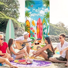 Hello Summer Decorations Beach Surfboard Slippers Door Banner Gift 35″x73″