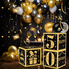 50Th Birthday Decorations Boxes for Men- 3PCS Black Gold Happy 50Th Birthday Bal