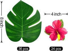 Vibrant Tropical Decorations Set – 60 Artificial Leaves & Hibiscus Flowers