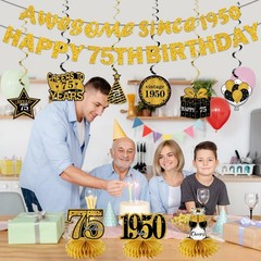 11Pcs 75th Birthday Decorations Kit for Men Women, Black Gold Happy 75th Birt…