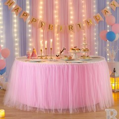 Partisky 14Ft Length Pink Tulle Table Skirt For Rectangle Tables 2-Layer Ruffle