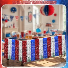 2 Pack 4th of July Table Skirts Decoration Red White Blue Patriotic Wavy Meta…