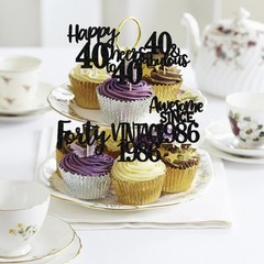 Rsstarxi 24 Pack Vintage 1986 Cupcake Toppers Black Glitter Happy 40th Birthd…