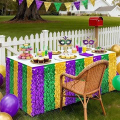 2 Pack Mardi Gras Decorations, 29.5 × 108 Inches Green Purple Gold Fringe Mardi