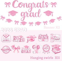 Pink Graduation Decorations – Bow Themed Congrats Grad Banner and Class of 2026