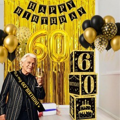60th Birthday Decorations for Men Women, 50pcs Black and Gold Party Decoratio…