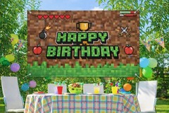 Pixel Birthday Decorations, 5X3 Ft Happy Birthday Banner Backdrop for Miner TNT