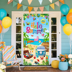 Hello Summer Decorations Tropical Beach Hawaiian Door Banner Cover 35.4″ X 70.8″