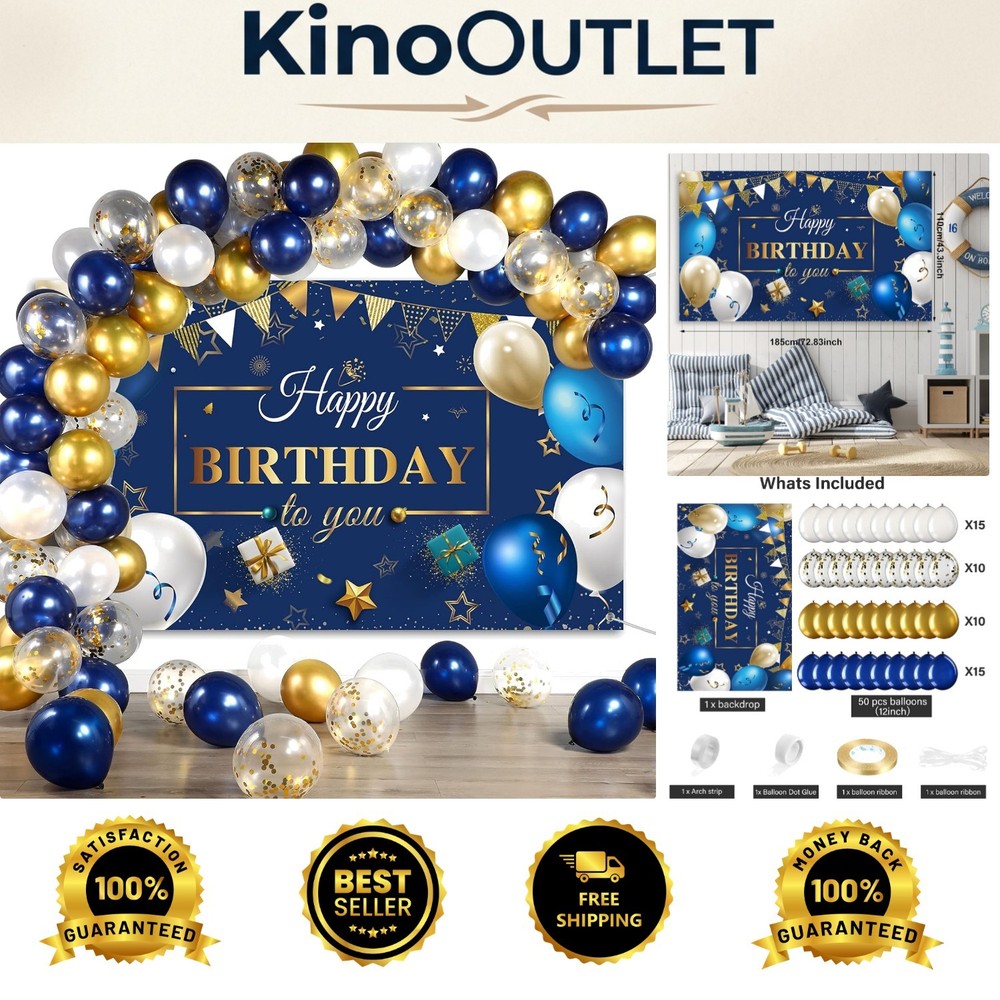 Elegant Navy Blue Gold Balloon Kit with Backdrop Banner – Perfect for Birthdays