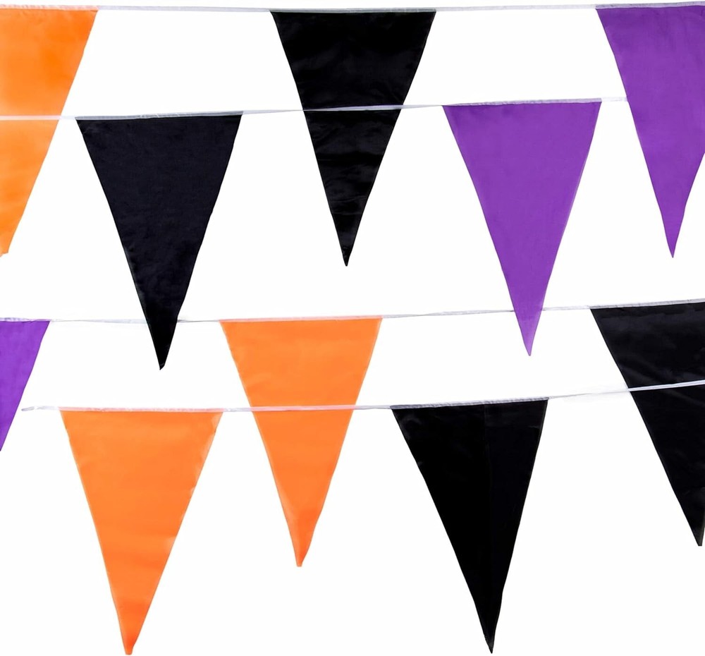 Halloween Pennant Banner – 48 Flags, 100 Feet, Orange, Black, & Purple – Festive