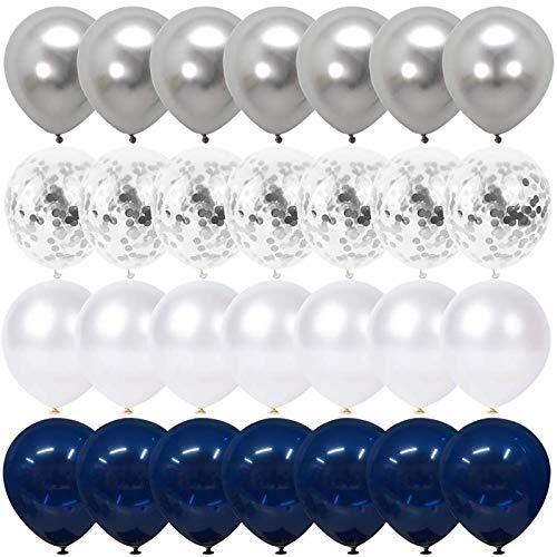 50 Navy Blue and Silver Confetti Balloons White Pearl and Silver Metallic Chrome
