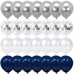 50 Navy Blue and Silver Confetti Balloons White Pearl and Silver Metallic Chrome