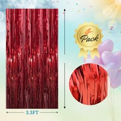 4 Pack Foil Curtain Backdrop 3.6×7.3 Ft, Tinsel 43″W x 87″L (Pack of 4) Red