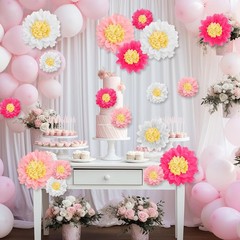 24 PCS Daisy Tissue Paper Pom Poms Party Decorations Hanging Paper Flowers Pink