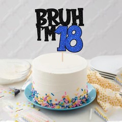 1 PCS Bruh Im 18 Cake Topper Glitter Happy 18th Birthday Pick Blue Decor