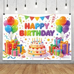 Kids Happy Birthday Backdrop Gift Balloon Party Banner Photo Booth Background