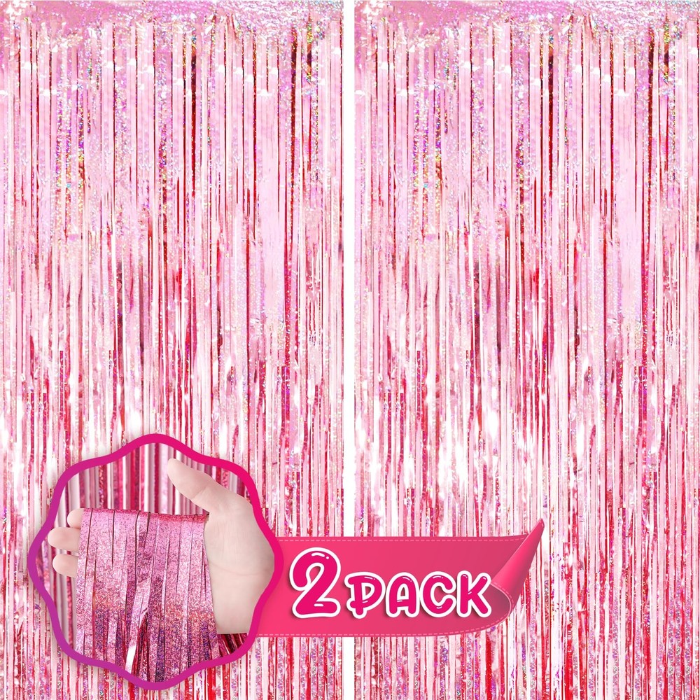 2-Pack 3.3×8.2 FT Laser Pink Foil Fringe Backdrop Curtains Tinsel Streamers