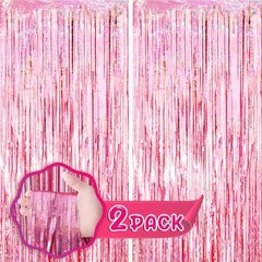 2-Pack 3.3×8.2 FT Laser Pink Foil Fringe Backdrop Curtains Tinsel Streamers