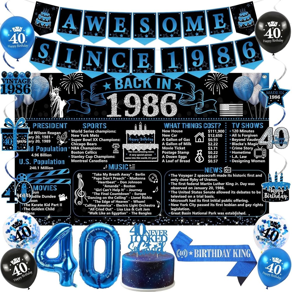 40Th Birthday Decorations for Men, 20PCS Black Blue Back in 1986 Birthday Party