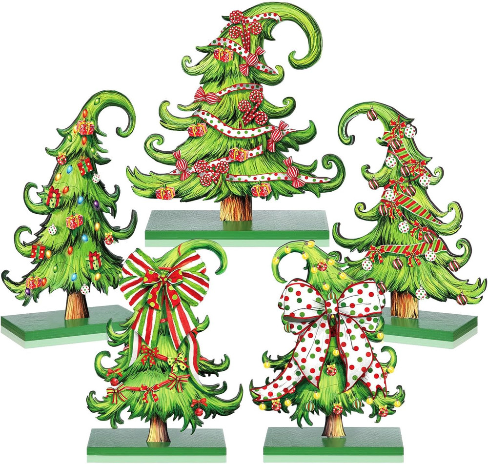 5 Pcs Whimsical Christmas Table Decorations Wooden Lime Green Christmas Tree Tab