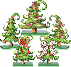 5 Pcs Whimsical Christmas Table Decorations Wooden Lime Green Christmas Tree Tab
