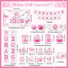 Pink Bow Graduation Decorations 2026 Set, All-In-1 Coquette Kit with Congrats Gr