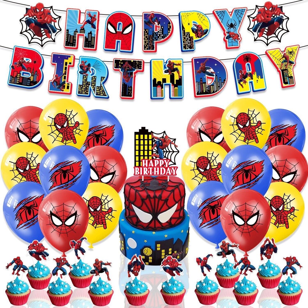 Spiderman Theme Birthday Party Decorate Supplies，Balloon Banner Cake Toppers Set