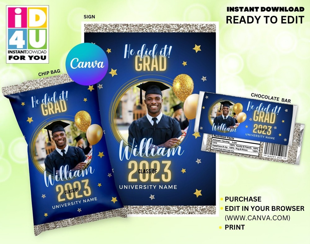 Graduation Class of 2023 Editable Bundle chip welcome poster and candy wrapper