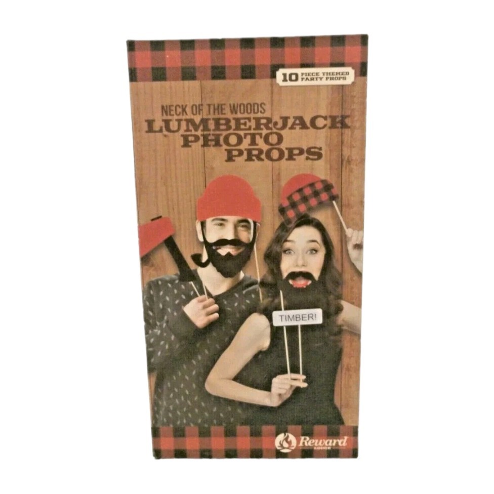 Boxed 10pc Lumberjack Photo Booth Props Set Red Black Party Supplies NEW
