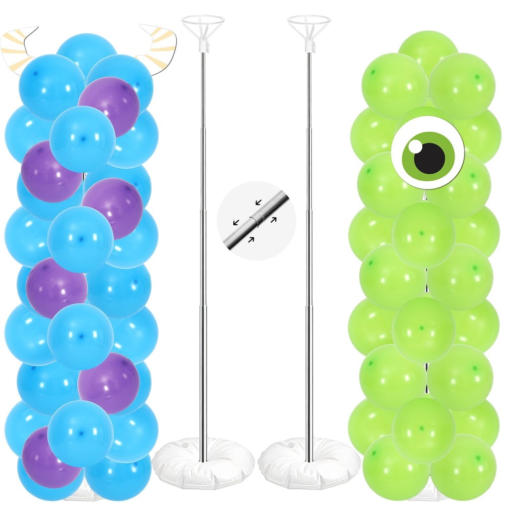2 Sets Cartoon Monster Balloon Column Stand Kit Blue Purple Lime Green Adjust…