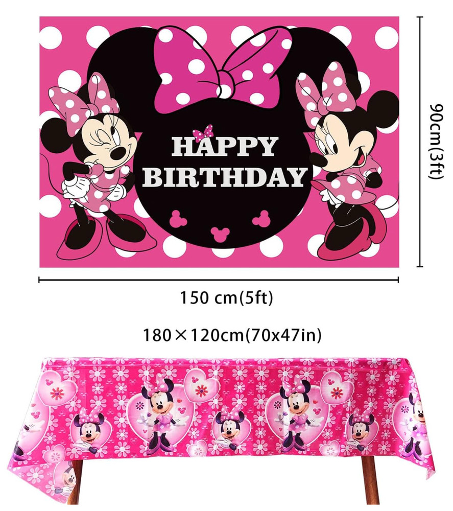 2 Pack Girl’s Birthday Party Backdrop & Table Cover – Cartoon Mouse Theme Minni